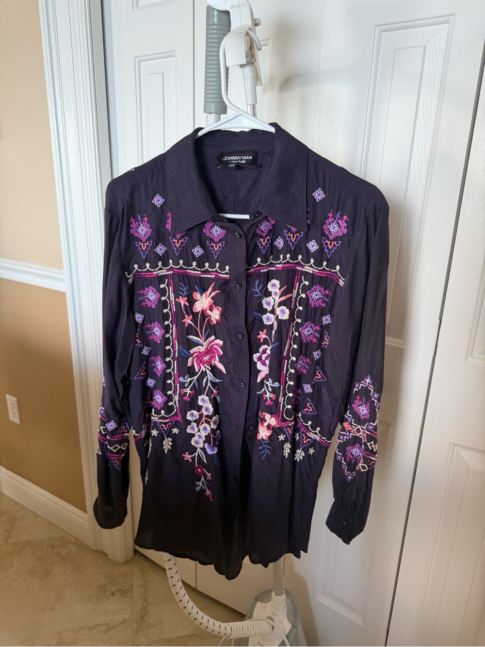 Johnny Was Black Button-Down Shirt with Pink & Purple Floral Embroidery